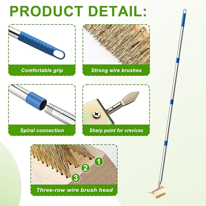 Moss Remover Brush Crack Weeder Tool Stainless Steel Crevice Weeder with 2 Brush Heads - Long Handle Weed Puller for Deck, Patio, Walkway, Driveway Crevice Cleaning Tool (Moss Remover Tool-2)