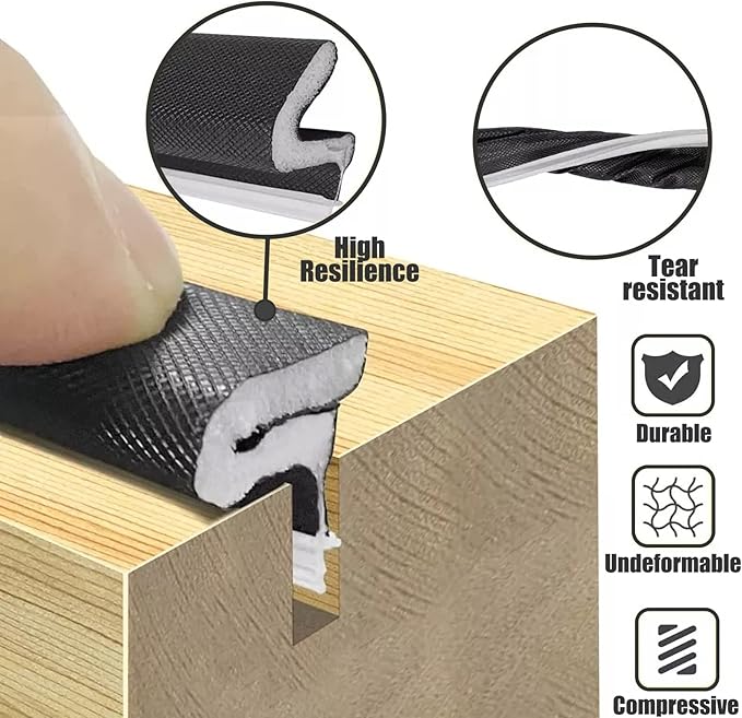 Door Frame Kerf Non-Adhesive Weather Stripping Seal Strip PU Foam, PE Cover, Groove Slot Installation for Large Gap, Sound Heat Insulation, Dust Water Prevention (26ft, Black Flanged)