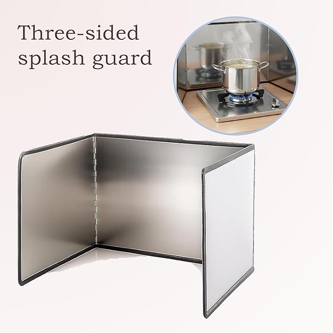 3-Sided Splatter Guard - Stainless Steel Foldable Grease Splatter Screen for Frying Pan, Nonstick & Heat Resistant Stove Top Shield, Stops Oil Splashes for Safer Cooking