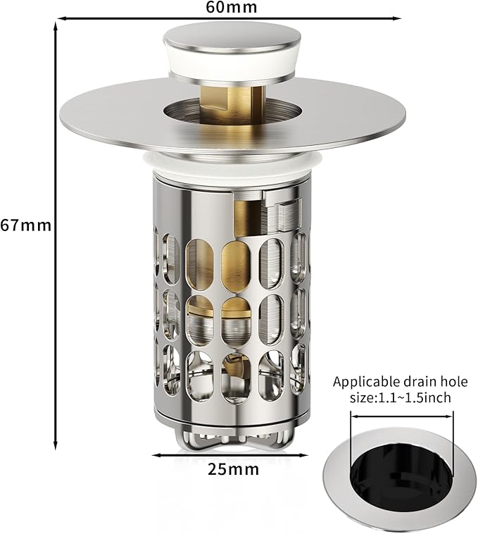 Upgraded Bathroom Sink Stopper with Hair Catcher - Universal Pop-Up Drain Plug, Stainless Steel & Silicone Seal for 1.1-1.5 Inch Drains,Brushed Nickel Finish (Brushed Nickel)