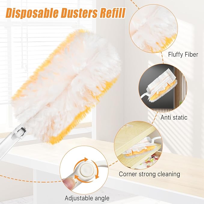 100 Pcs Duster Refills Bulk, Thickened Duster Refill Electrostatic Duster Head, Duster Refills for Cleaning with 2 Long Handles, 2 Short Handles, Disposable Duster Refills for Blinds(Yellow)