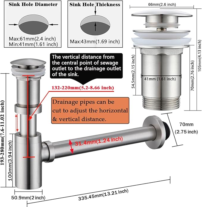 RANDOM Brushed Nickel Brass Bottle P Trap Kit Contemporary Round Bottle P-Trap 1 1/4 with Pop Up Drain with Overflow.83888BN-S6