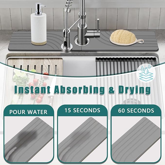 Kitchen Sink Diatomite Splash Guard - Fast-Drying Anti-Slip Diatomite Sink Protector, Stone Absorption Tray for Bathroom Countertops (Gray, 23.6" x 3.9" x 0.4")