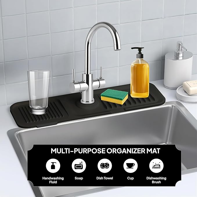 Premium 17 Inch Faucet Mat Guard for Sink Area Durable Silicone Splash Mat Multi-Use Water Catcher Tray Fast Drying Draining Protector (Black)