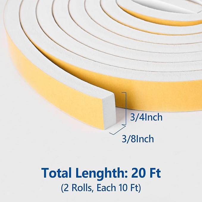 Kikerike Self Adhesive Foam Tape Weatherstrip 3/4in x 3/8in x 20Ft High Density Foam Insulation Strips Seal Weather Stripping with Strong Adhesive for Door and Window Sound Isolation Soundproofing