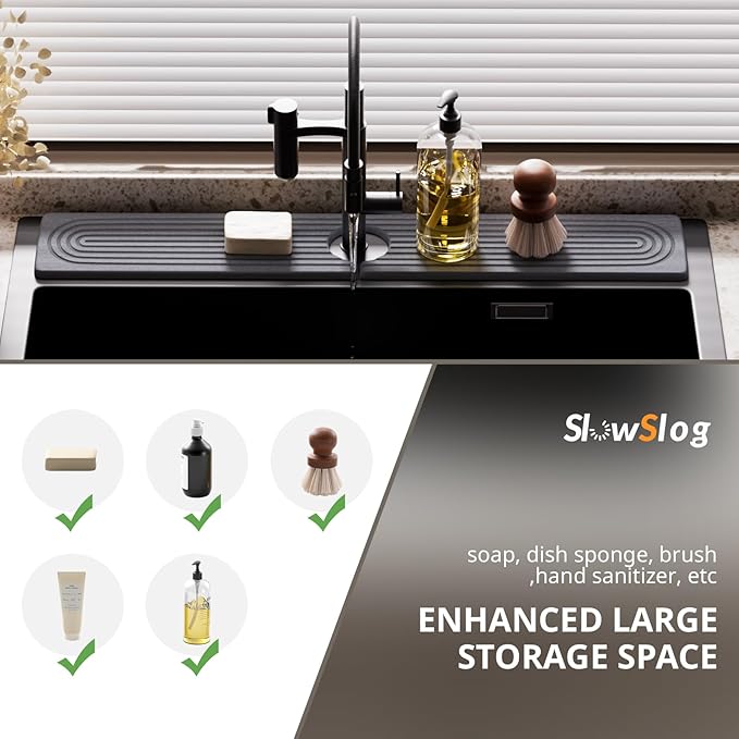 Quick Dry Sink Splash Guard - Extended 23.6" Splash Guard for Kitchen and Bathroom Countertops - Absorbent Diatomaceous Earth Faucet Mat - Dark Gray