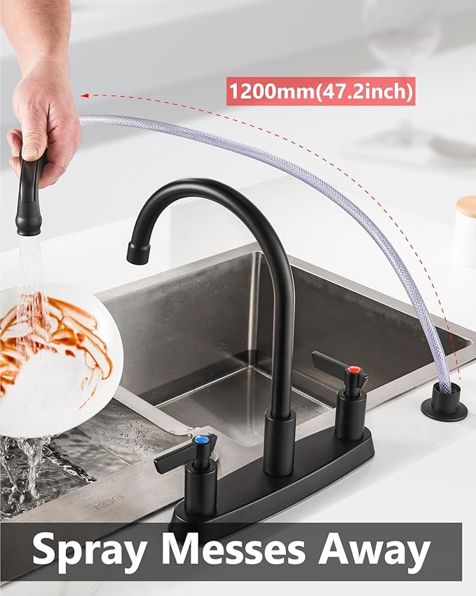 Kitchen Faucet with Sprayer 2 Handle Kitchen Sink Faucets 8 Inch Centerset 3 Hole with Supply Lines Matte Black