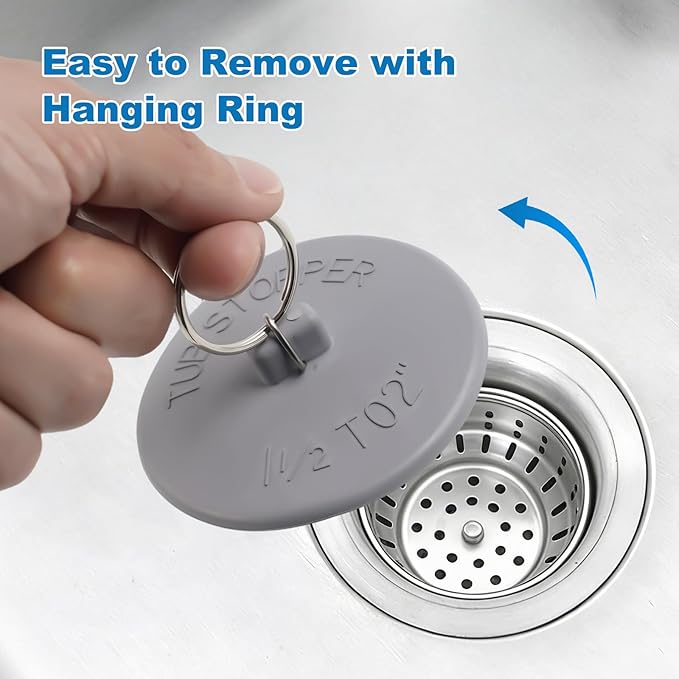 Hibbent 6 Pieces Drain Stopper, Rubber Kitchen Sink Drain Plug with Pull Ring for Bathtub, Kitchen, Bathroom and Laundry Sink in 6 Different Sizes, Grey