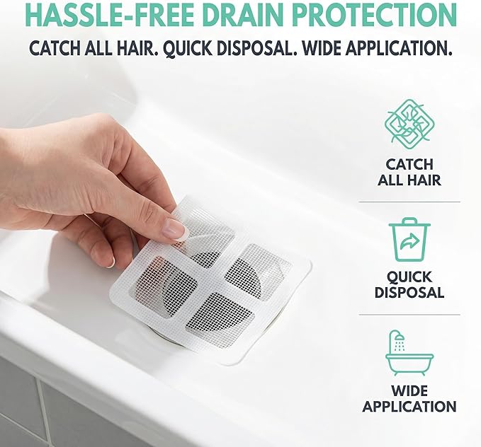 Disposable Shower Drain Hair Catcher, 50 Pack Adhesive Mesh Drain Covers for Shower, Bathtub, Bathroom Sink & Laundry – Peel and Stick Drain Strainer, Waterproof, Fast Drainage, Prevents Hair Clogs