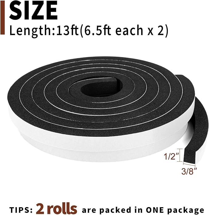 Yotache Foam Seal Tape 1/2" x3/8", Self Adhesive Weather Stripping Insulation Foam Neoprene Weather Stripping, 2 Rolls x 6.5 Feet Each, Total 13 Feet Long