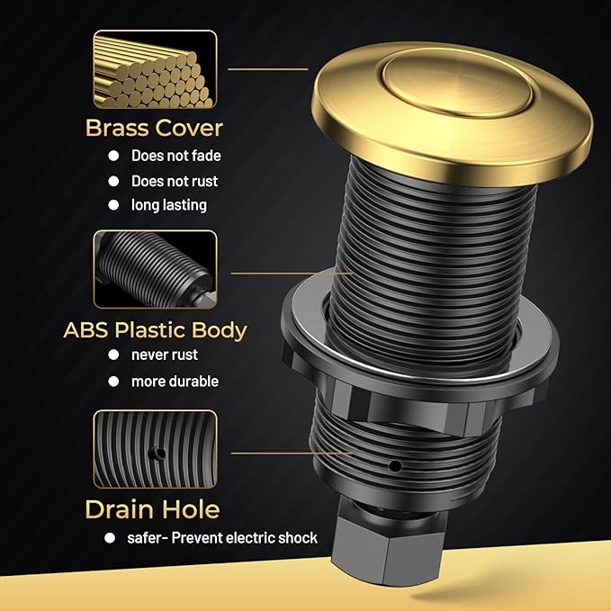 Garbage Disposal Air Switch Kit, Soft Brushed Gold Finish, Compatible with Moen Brushed Gold Faucets, UL Listed Sink Top Button, Universal Countertop Design