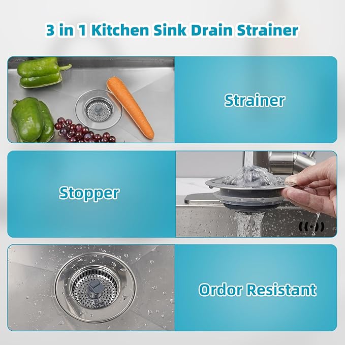 Hibbent 3 in 1 Kitchen Sink Drain Strainer, Stainless Steel Wrapped Shell Drain Stopper Combo, Pop Up Sink Stopper, Stainless Steel Anti-Clogging Basket Strainer for US Standard 3-1/2" Drain