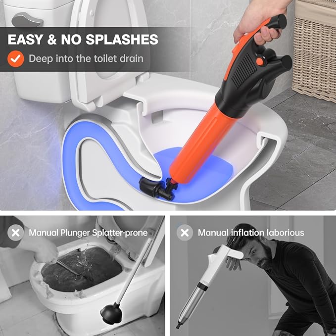 Electric toilet plunger,Toilet Auger with Pressure Gauge, Electric Drain Snake for Clogged Toilet, High-Pressure Toilet Auger, plungers for bathroom,Pneumatic Toilet Auger Tool