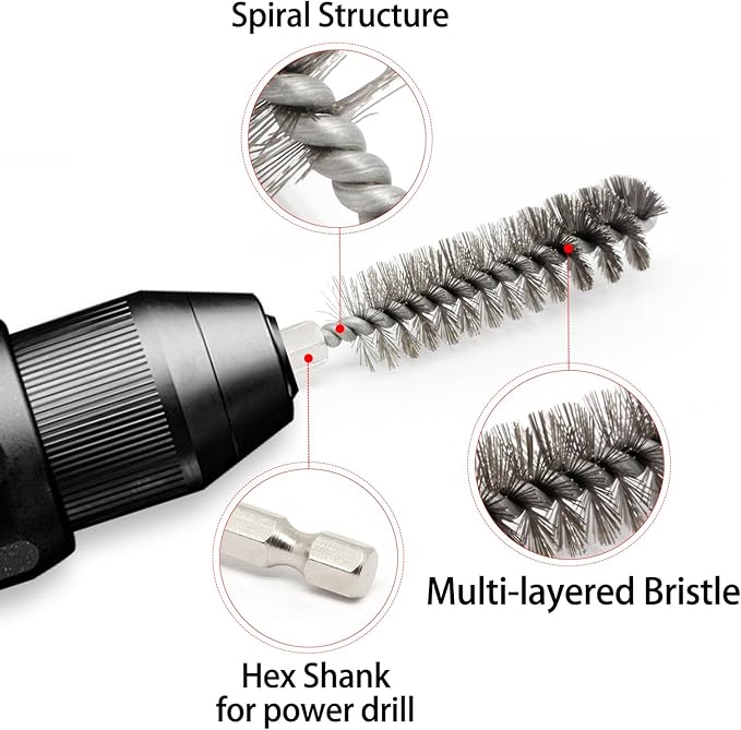12pcs Bore Brush for Drill, 1/4" Hex Shank Stainless Steel Twisted Wire Brush for Drill, Bristle Round Wire Brush with Different Sizes, Tube Pipe Cleaner for Rust (Diameter 8,10,12,15,17,19mm)