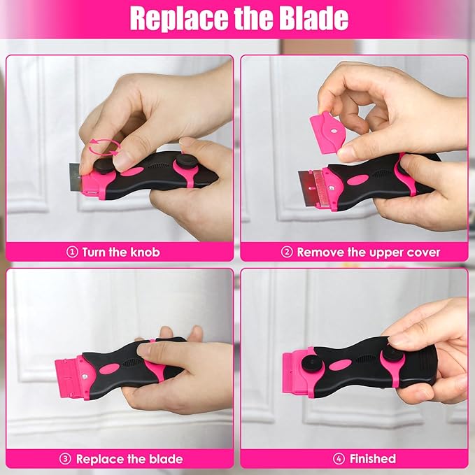 Razor Blade Scraper Tool, 3Pcs Pink Razor Scrapers with 15pcs Metal and 30pcs Plastic Blades, Scraper Tool for Cleaning Paint, Decals, Adhesive, Caulk, Stickers, Glass, Labels, Window, Stovetop