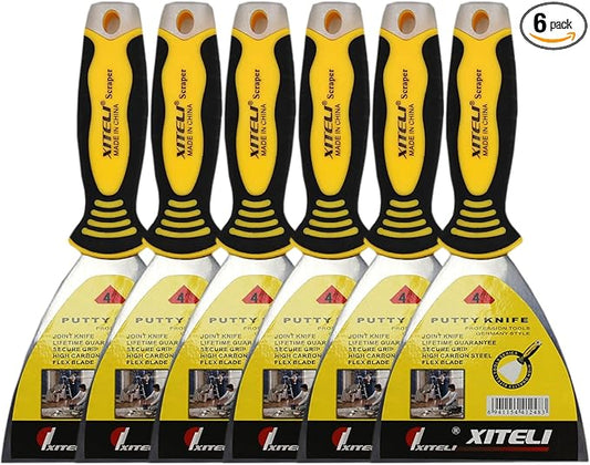 6-Pack 4" Putty Scraper, Putty Knives with Plastic Ergonomic Handle for Taping Paint Wall Floor Tile, Metal Spackle Tools Knife,Remover for Wood, Wallpaper Scraper (4")