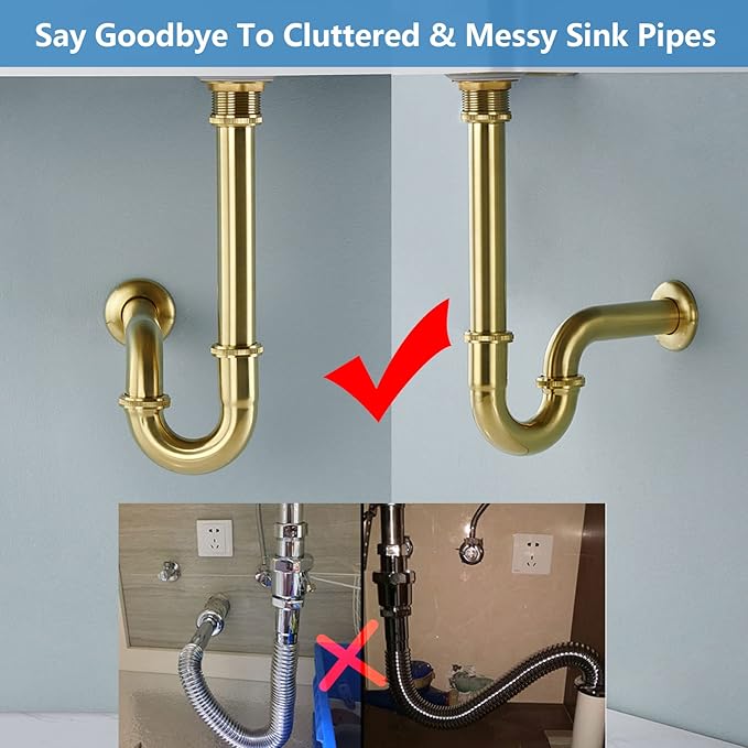 Thickened Brass P Trap Set: 1-1/4 P Trap with Bathroom Sink Stopper - Sink Drain Plumbing Kit for Pipe Replacement (Brushed Gold, No Overflow)