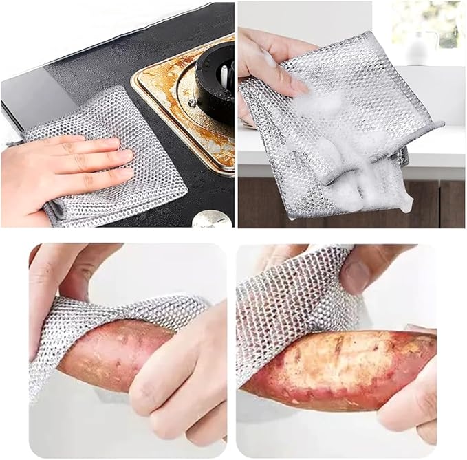 10 PCS Double Layer Stainless Steel Cleaning Cloth Non Scratch Steel Mesh Dishwashing Cloths 20x20 cm Quick Dry Two Layer Metallic Wire Dish Cleaning Rag Towel for Kitchen Dish Sink Stove Top