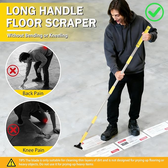 4"Razor Blade Floor Scraper with Long Handle,61in Adjustable Floor Scraper Heavy Duty with 10PCS Extra Metal Blades Paint Scraper for Cleaning Stickers Gum Glass Wall Tile Linoleum Stove Top