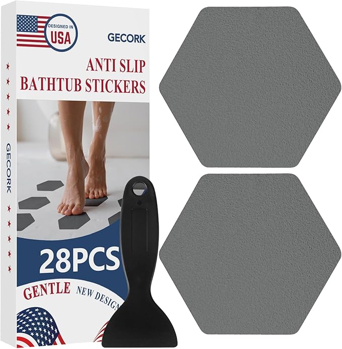28 PCS Shower Floor Non Slip Stickers with Strong Adhesive, Invisible & Durable Anti Slip Shower Stickers with Scraper for Bath Tub, Pools and Stairs(Grey,Hexagon)