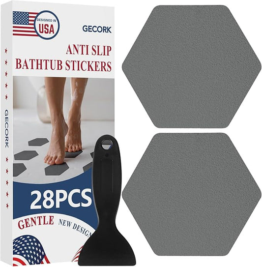 28 PCS Shower Floor Non Slip Stickers with Strong Adhesive, Invisible & Durable Anti Slip Shower Stickers with Scraper for Bath Tub, Pools and Stairs(Grey,Hexagon)