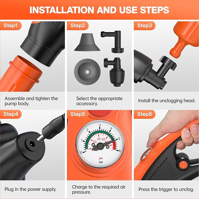 Electric toilet plunger,Toilet Auger with Pressure Gauge, Electric Drain Snake for Clogged Toilet, High-Pressure Toilet Auger, plungers for bathroom,Pneumatic Toilet Auger Tool