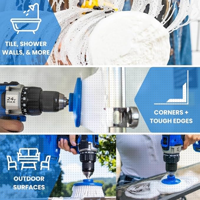 RotoScrub Drill Cleaning Brush & Sponge Pads Kit – Indoor/Outdoor Power Scrubber for Tubs, Showers, Grout, Tile, Tires, Grills, Siding, Wood, Glass Cooktops – Drill Attachment Accessory Set