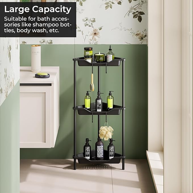 ODesign 3 Tier Corner Shower Caddy Standing Floor Standing Corner Shower Caddy Organizer Shower Table Plastic Metal Splicing Shelf Storage Rack for Bathroom Black - Rustproof