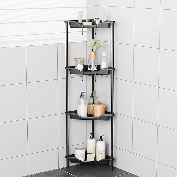 ODesign 4 Tier Corner Shower Caddy,Corner Shelf Stand for Living Room Bedroom Bathroom,Shower Table,Plastic Metal Splicing Ground Cabinet Storage Rack,Standing Shower Organizer Black - Rustproof