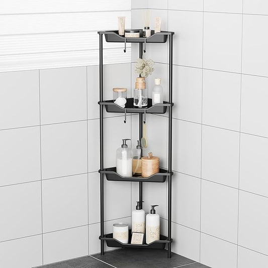 ODesign 4 Tier Corner Shower Caddy,Corner Shelf Stand for Living Room Bedroom Bathroom,Shower Table,Plastic Metal Splicing Ground Cabinet Storage Rack,Standing Shower Organizer Black - Rustproof