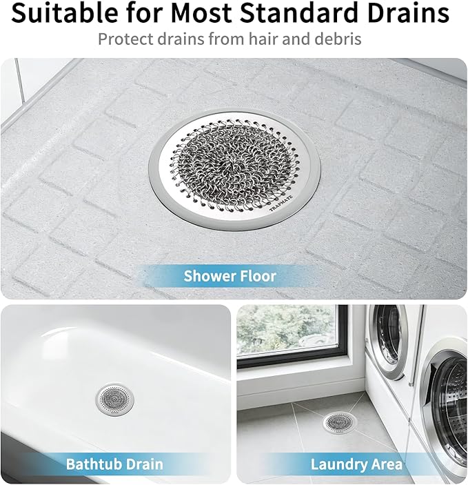 TRAPMATE Shower Drain Cover, 2PCS Prevent Clogging Shower Drain Hair Catcher, Non-Slip Stainless Steel Drain Protector, Patented Bathroom Accessory for US Standard Flat Drains of Bathroom