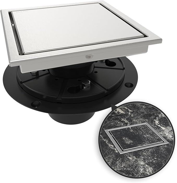 WEBANG 6 Inch Square Shower Drain Brushed Floor Drain with Flange Reversible 2-in-1 Cover Tile Insert Grate Removable SUS304 Stainless Steel CUPC Certified Brushed