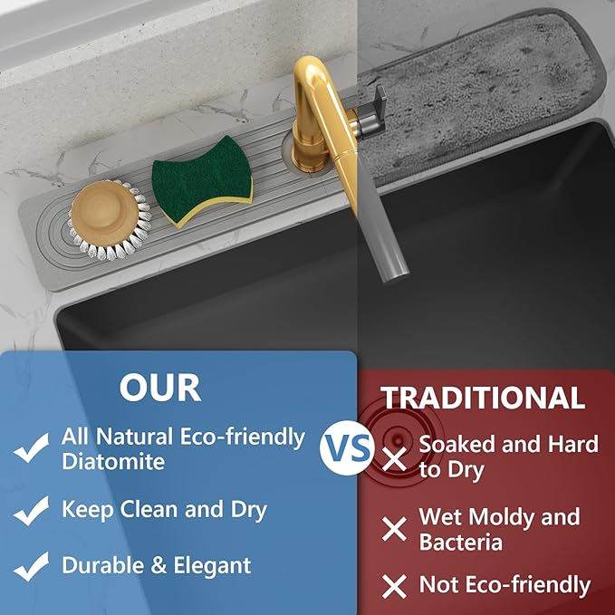 24'' Longer Faucet Mat for Kitchen Sink [Diatomite Stone Super Fast Drying] Stone Faucet Mat for Kitchen Sink Splash Guard Sink Stone Quick Dry around Faucet Stone Drying Mat Bathroom Quick Drying Mat