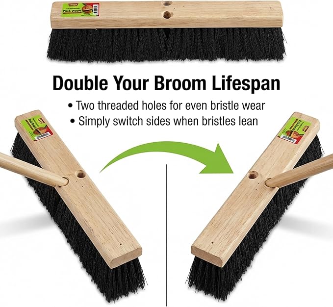 Black Indoor Push Broom Head – Heavy Duty Hardwood Block – Polypropylene Bristles – Deck Scrub Brush – Two Threaded Handle Holes for Better Assist (14")