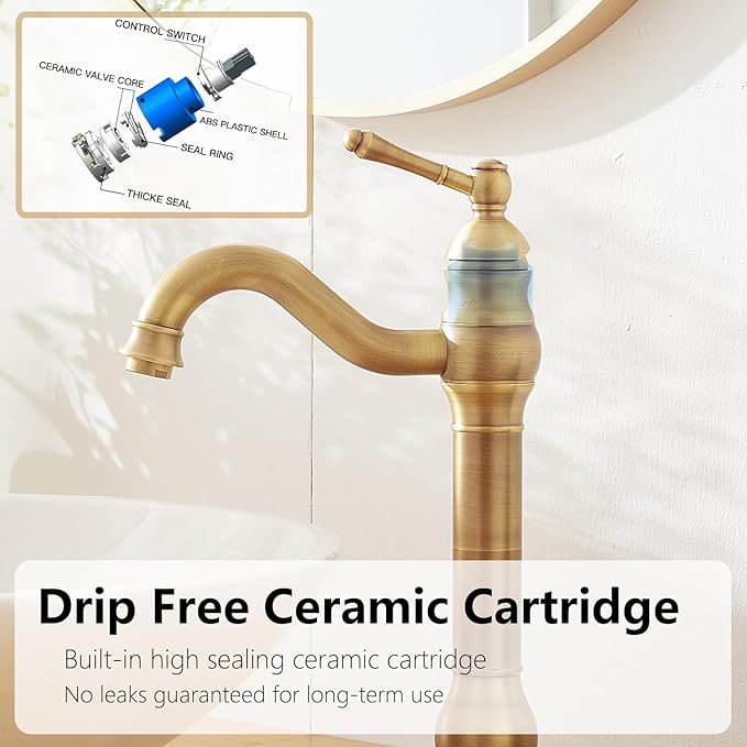 Antique Brass Vessel Sink Faucet 360° Swivel for Bathroom Bowl Sink Single Hole Farmhouse Tall Commercial Vanity with Pop Up Drain Without Overflow Combo