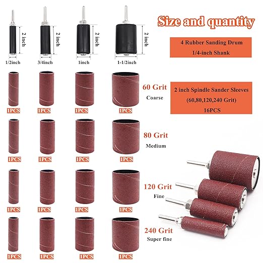 20Pcs Sanding Drums Kit for Drill & Drill Press,2-inch Aluminum Oxide Spindle Sander Sleeves (60/80/120/240 Grit) and 4 Rubber Sanding Drums,1/4-Inch Shank for Sanding,Smoothing, Metals,Wood