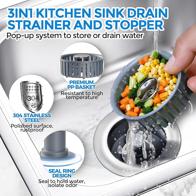 zaa 2 Pack Sink Drain Strainer, Sink Stopper, 3 in 1 Stainless Steel Kitchen Sink Drain Strainer with Anti-Clogging Basket, Fit US Standard 3-1/2 Inch Drain Hole