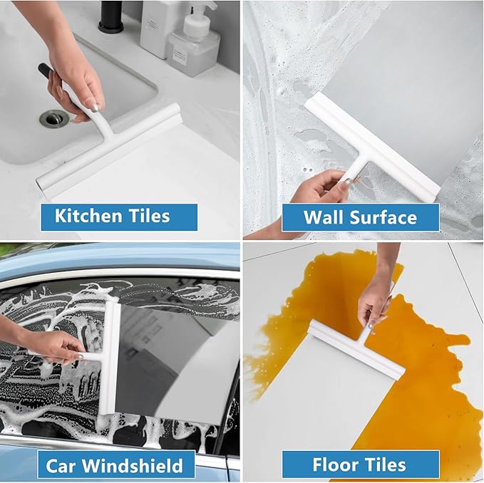 Shower Squeegee for Glass Doors, Full Silicone Jacketed Squeegee with Ergonomic Handle & No-Drill Hook, Cleaning Tool for Windows, Mirrors, Tiles, Bathroom & Car - White