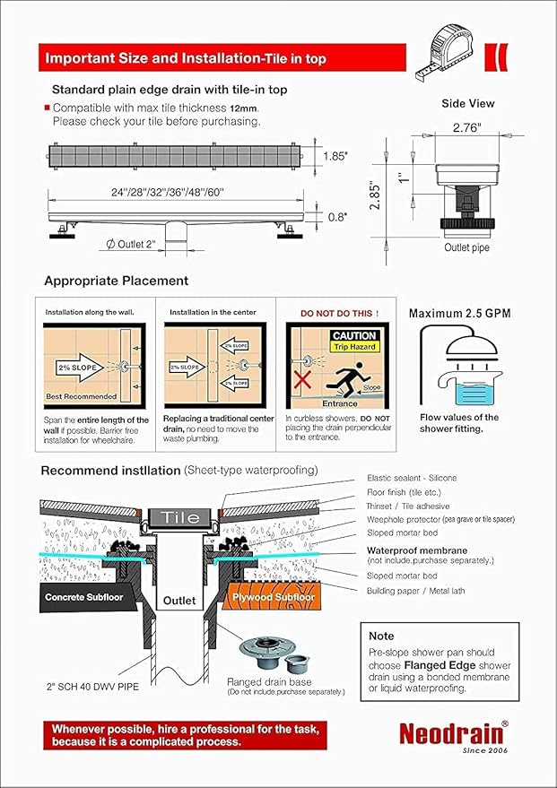 Neodrain 48-Inch Linear Shower Drain with Tile Insert Grate, Professional Brushed 304 Stainless Steel Rectangle Shower Floor Drain Manufacturer, Floor Shower Drain with Shower Drain Base