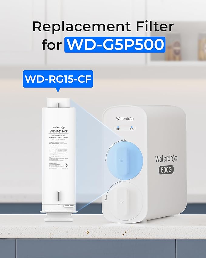 Waterdrop G5P500-CF Filter, Replacement for Waterdrop G5P500 Undersink Reverse Osmosis System, 6-month Lifetime