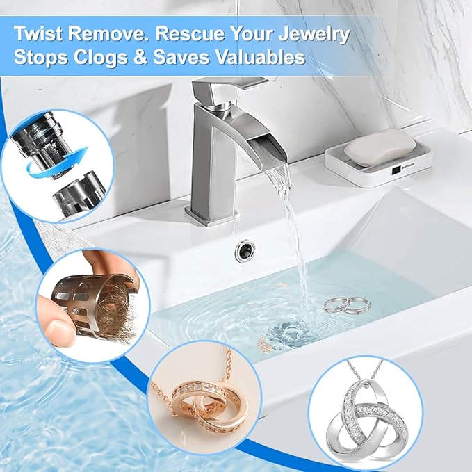 (All Metallic) Bathroom Sink Plug, Pop-up Drain for Bathroom Sink, Sink Plug Hair Collector, Silent Popper Core with Removable Stainless Steel Filter Basket (Silver Polished, 2 Pack)