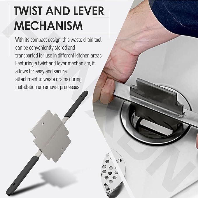 Waste Drain Tool for 3 Tier Sink in Commercial Kitchens, Silvery, Twist and Lever Mechanism, Waste Drain Installation and Removal Tool