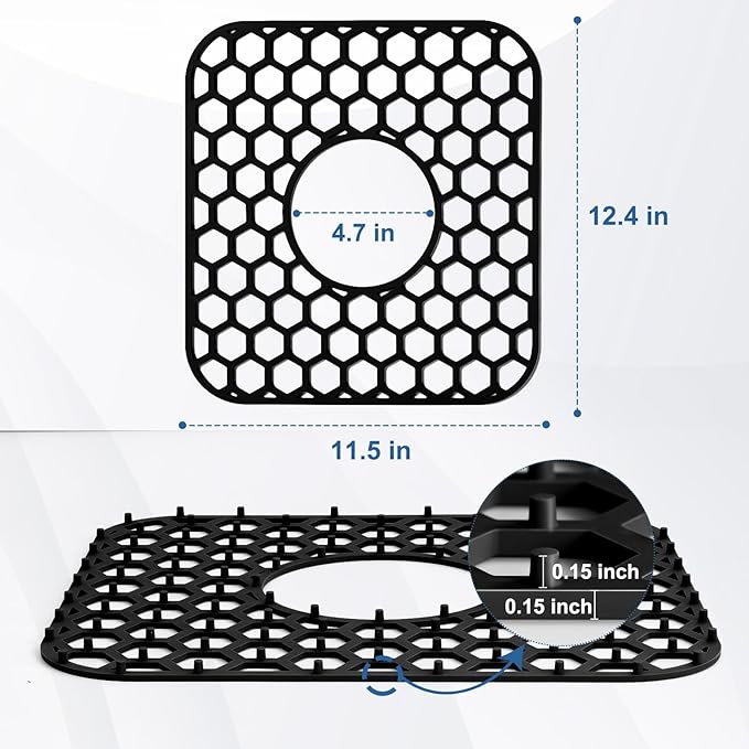 Silicone Sink Protectors for Kitchen Sink - 12" x 11" Kitchen Grid Accessory, Non-Slip Heat-Resistant Mat for Bottom of Porcelain Stainless Steel, Dishwasher Safe (Black)