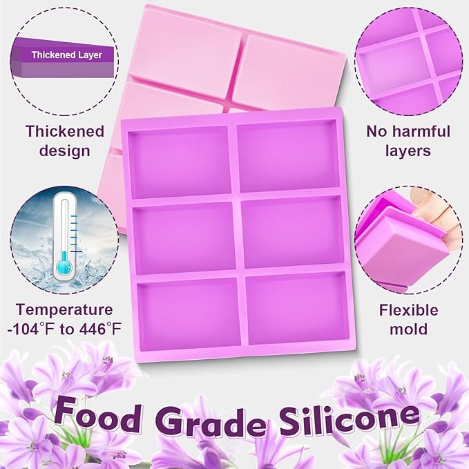 Walfos Silicone Soap Molds, 4 Pieces Rectangle Soap Molds 6 Cavities for Homemade Craft Soap, Cake, Rice Crispy, Chocolate ＆ Ice Cube Tray（Purple ＆ Pink）