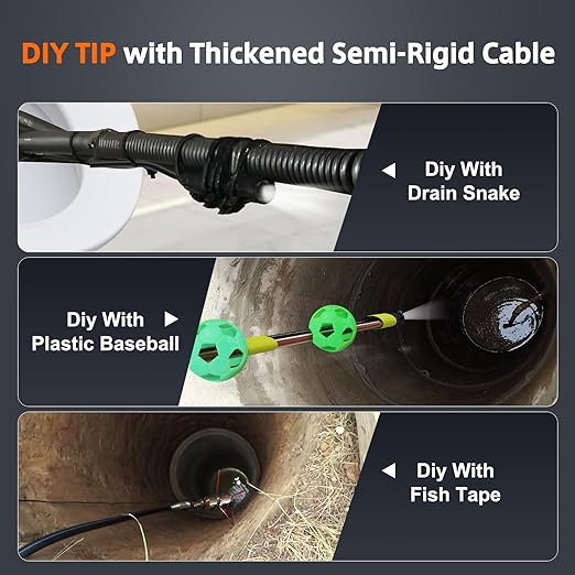 Triple Lens Inspection Drain Camera, 5" IPS Split Screen Borescope with Light & 32GB Card, 1080P HD Sewer Camera 16.5FT Semi-Rigid Cable, IP67 Plumbing Snake Endoscope Probe for HVAC + Case