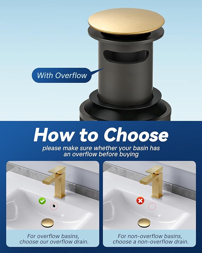 ARCORA Bathroom Sink Drain with Overflow 2 Pack, Brushed Gold Pop Up Drain Stopper Vanity Vessel Sink Clicker Drain Stopper