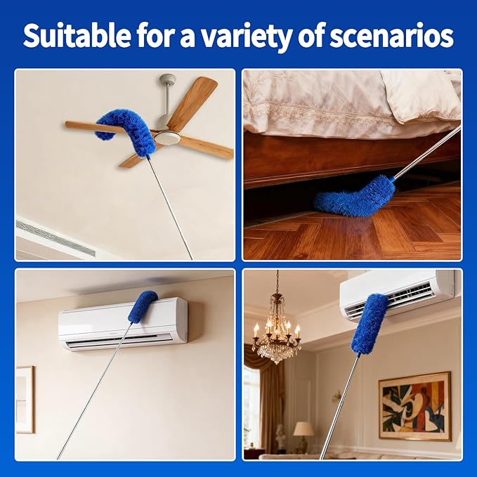 Cobweb Duster with Extension Pole, Washable Cleaning Duster Kit with 3 Duster Heads, Cobweb Duster, Corner Brush, Gap Dust Cleaner, Telescoping Pole for Ceiling Fan, Long Duster for high Ceilings