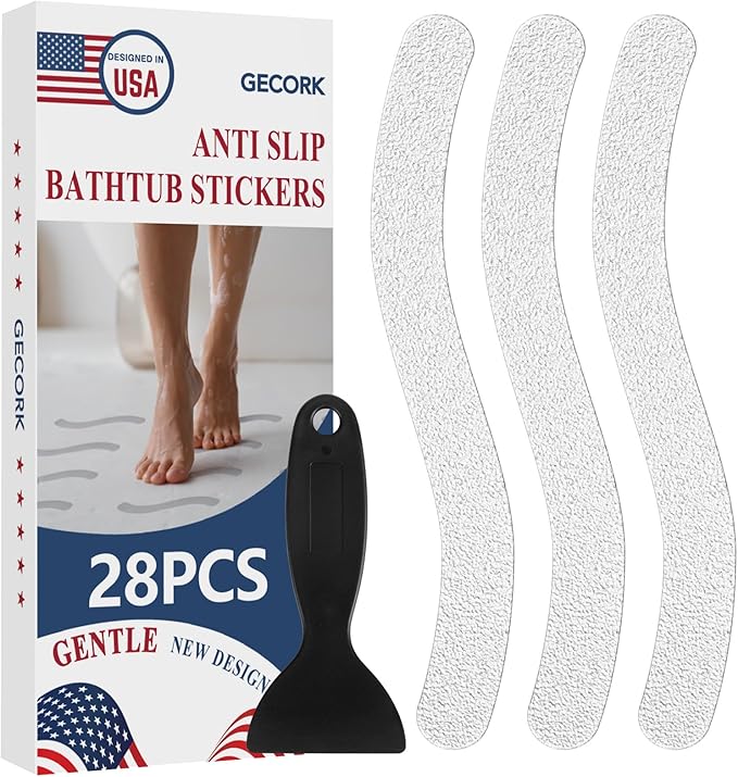 28 PCS Shower Floor Non Slip Stickers with Strong Adhesive, Invisible & Durable Anti Slip Shower Stickers with Scraper for Bath Tub, Pools and Stairs(Clear,Wavy)