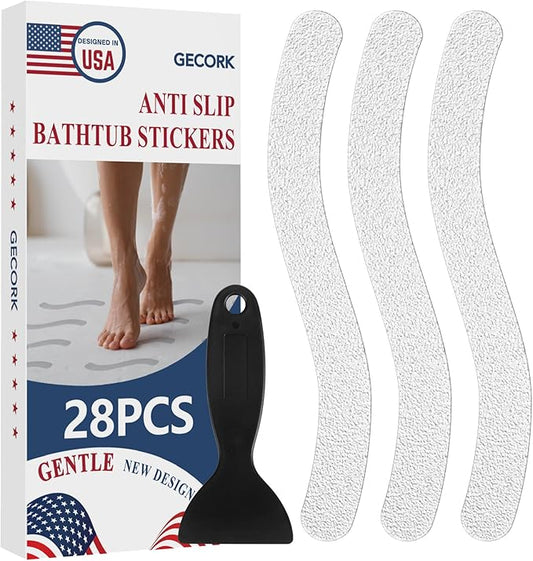 28 PCS Shower Floor Non Slip Stickers with Strong Adhesive, Invisible & Durable Anti Slip Shower Stickers with Scraper for Bath Tub, Pools and Stairs(Clear,Wavy)