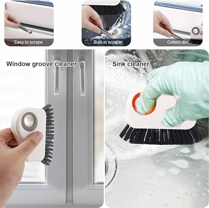 2pcs Crevice Cleaning Brush, Hard Bristle Window Track Cleaning Tools 2 in 1 Cleaner Scrub Brush Grip Brush Cleaner with Hidden Scraper for Sliding Door Sill Shutter Vents Household